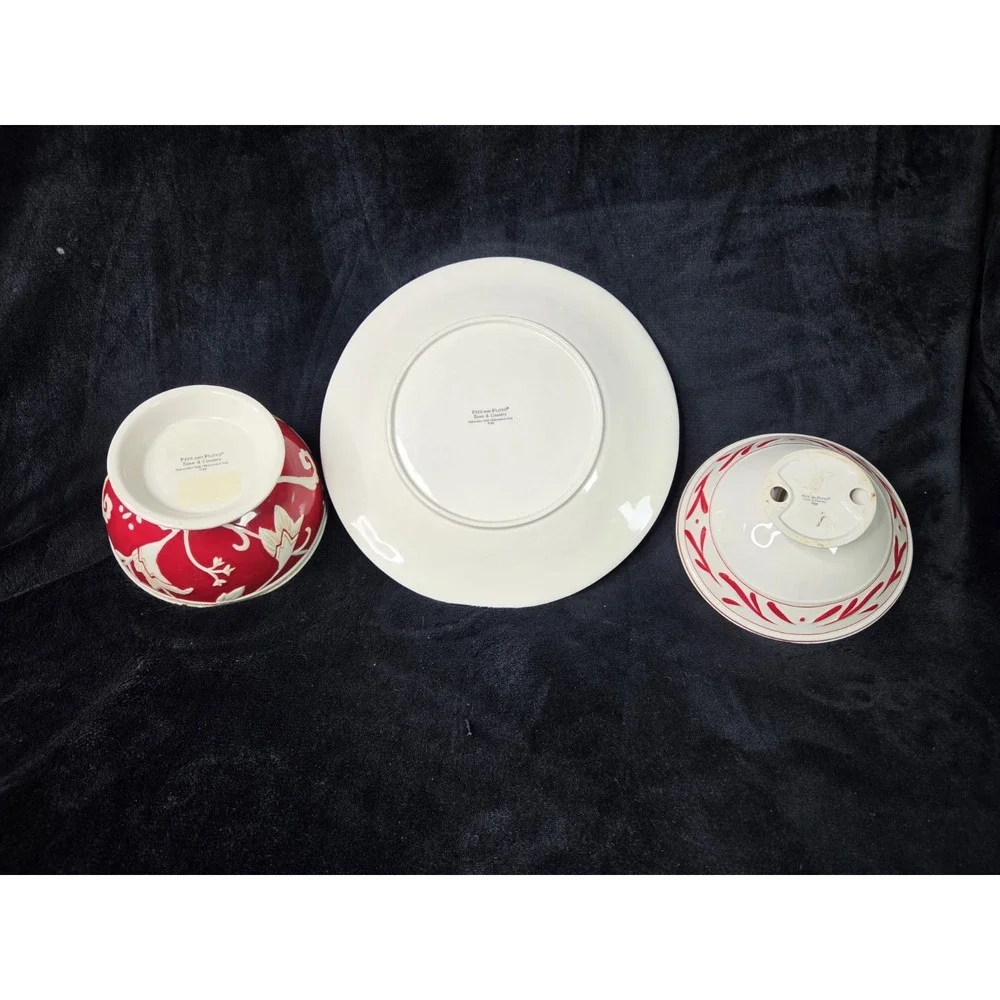 Fitz & Floyd Town And Country Collection Lot Footed Bowl Plate Cereal Bowl Red
